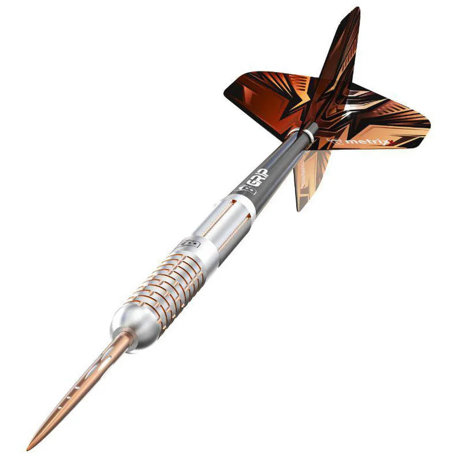 Angled close-up of 90% tungsten dart with textured grip, precision point, and orange flights on white background