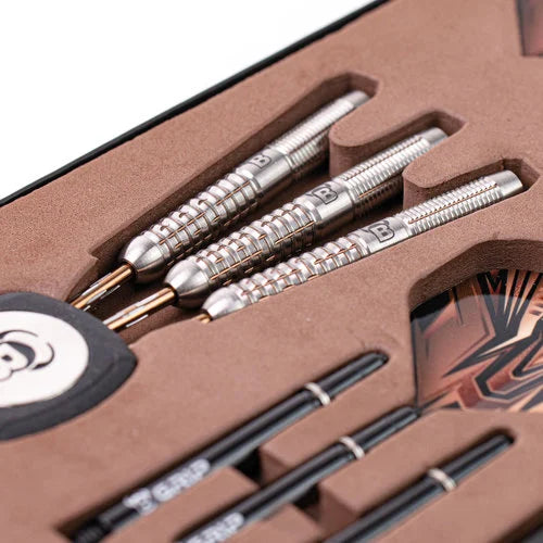 Close-up of 90% tungsten darts in packaging, showing precise barrel grip and grooves, essential for steel tip dartboard play.