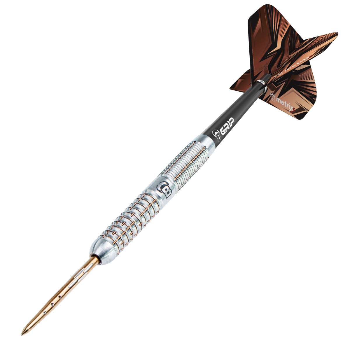 Angled product shot of 90% tungsten dart with precision grip rings, bronze point, and metallic flights on white background