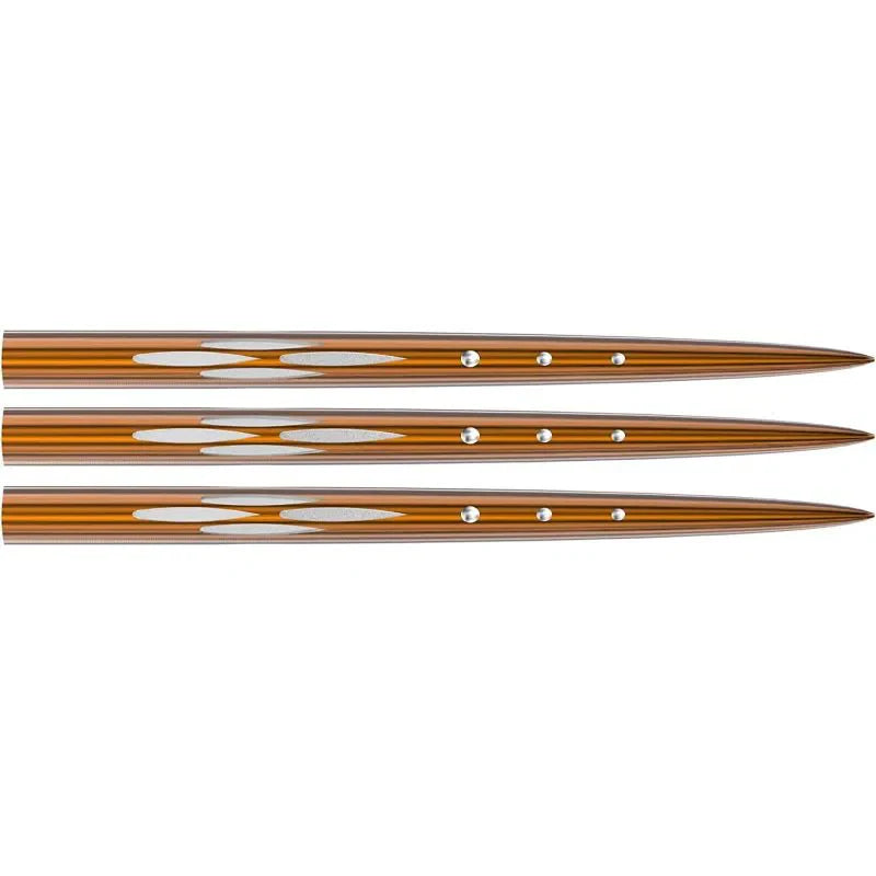 Three replacement dart points side by side on white, laser-etched grooves and drilled holes visible for secure dart barrel fit