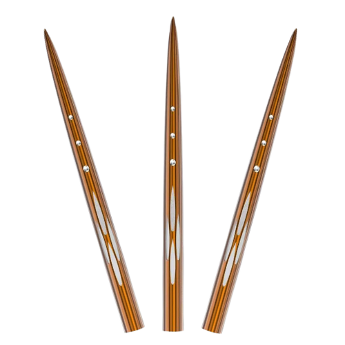 Three steel dart points with bronze finish, laser-etched grooves, and drilled grip features shown on white background