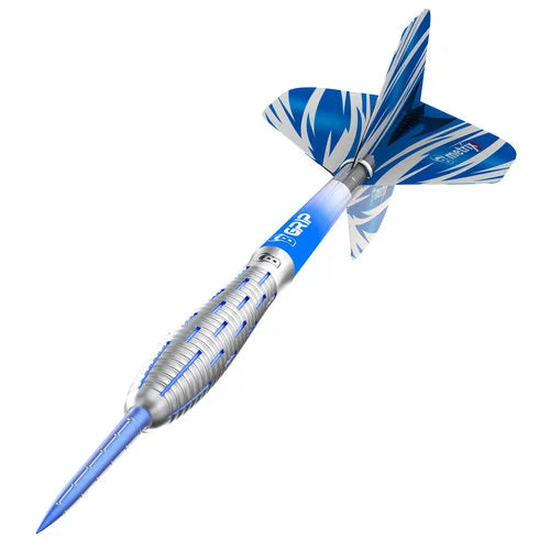 Angled close-up of 90% tungsten steel tip dart with fine grip barrel and blue patterned flight, isolated on white background