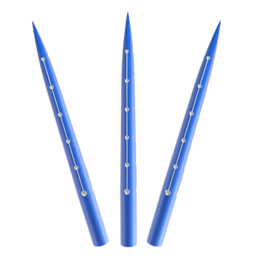Three blue laser-etched dart points displayed fan-like on white background, highlighting precision tips and detailed grip features