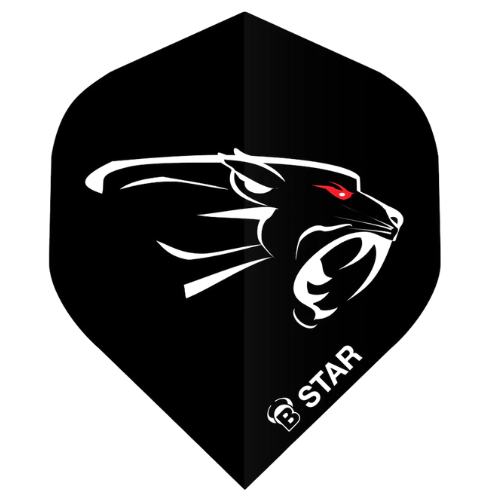 A-shape dart flight close-up, black with bold panther design and red eye, B Star logo, isolated on white background