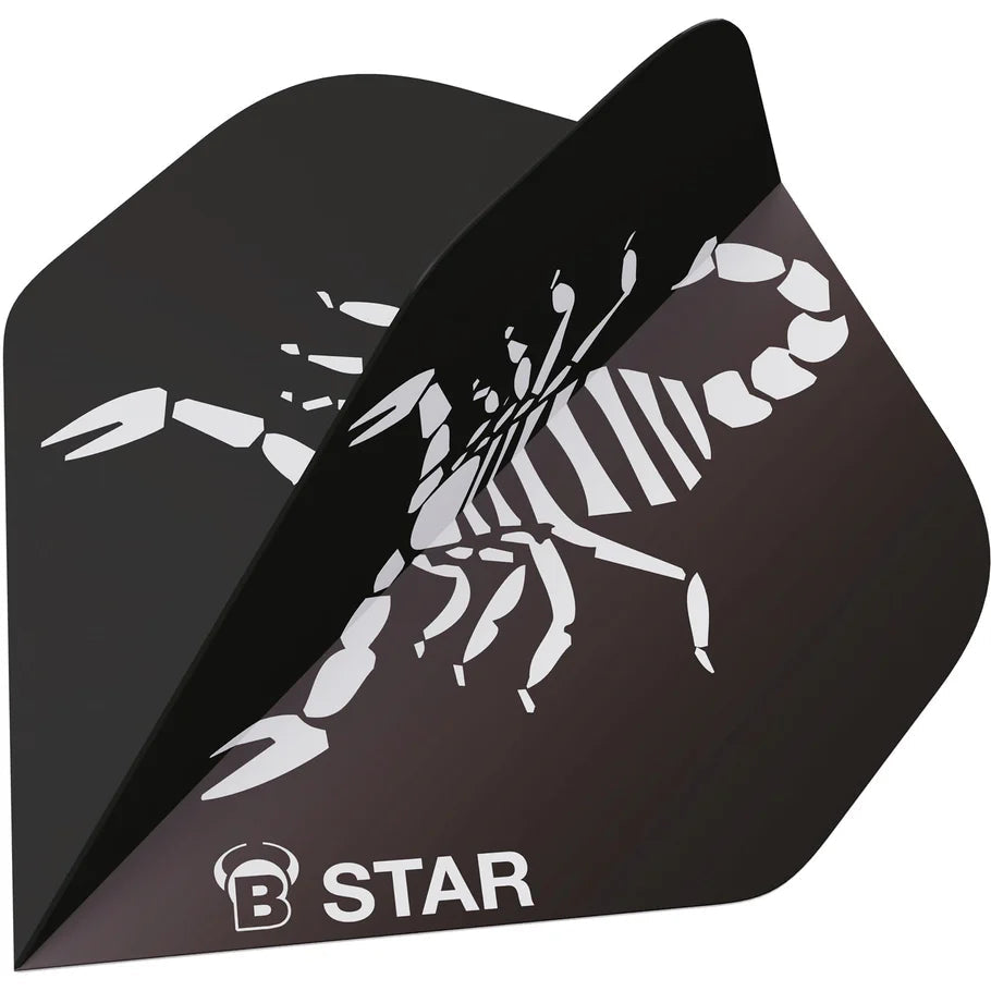 Angled close-up of black A-shape dart flight with white scorpion design, B STAR logo, isolated on white background