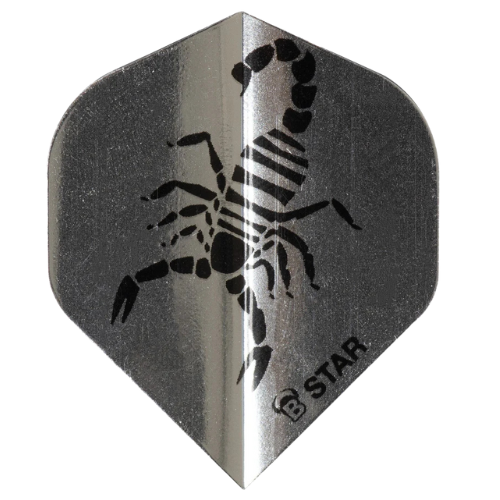 Silver A-shape dart flight with black scorpion design, isolated on white, front view, ideal for darts setup or accessories buyers