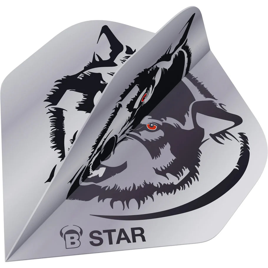 Angled close-up of single A-shape dart flight with bold wolf graphic, B STAR text, 100 micron material, isolated on white background