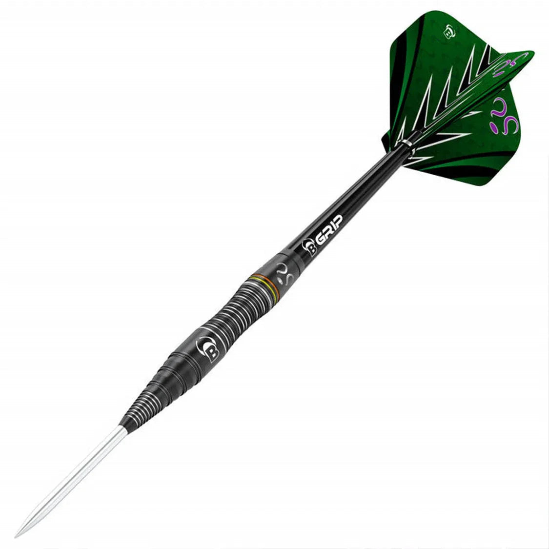 Angled view of 90% tungsten dart with precision ringed barrel, detailed grip, and green patterned flight on white background