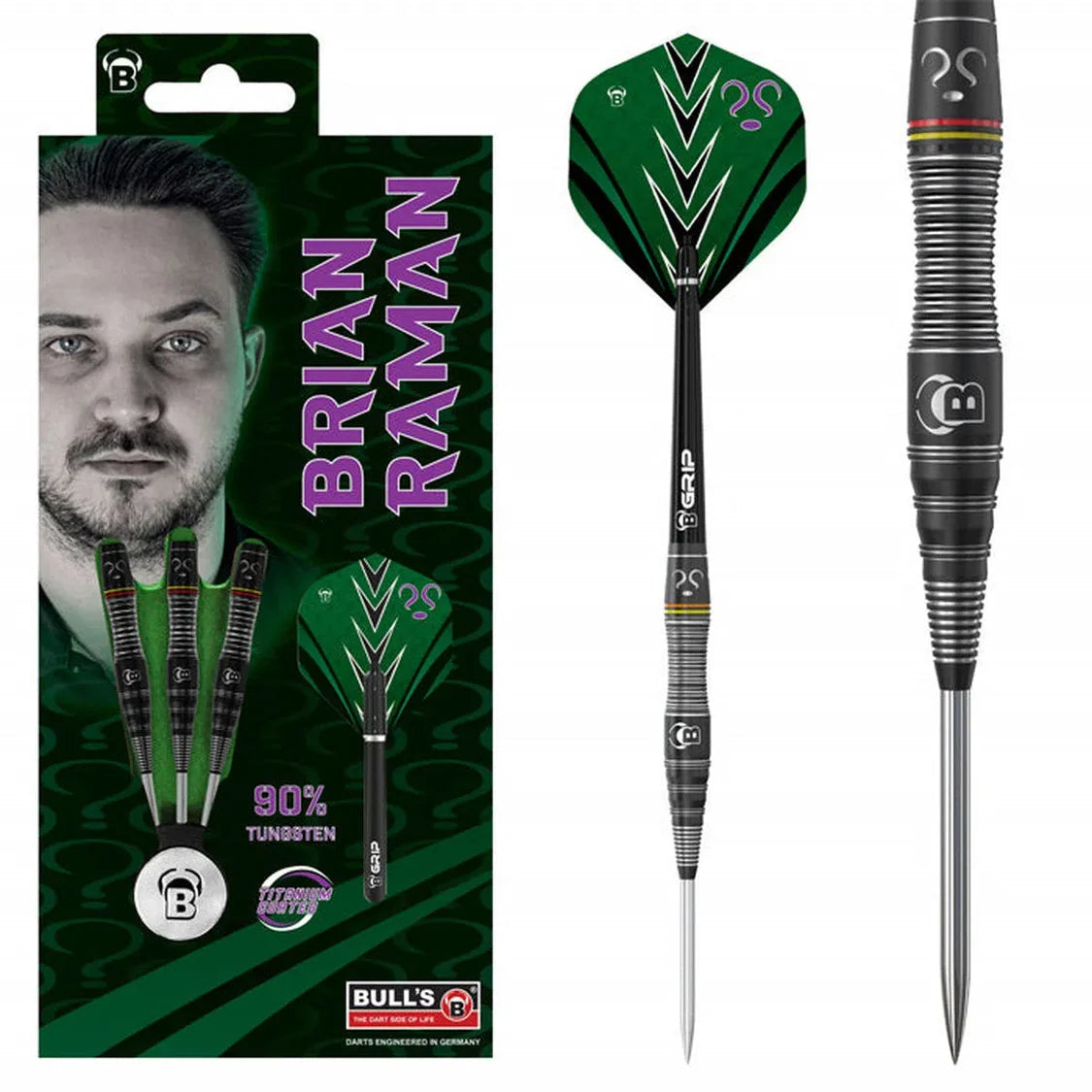 Tungsten steel tip dart with black and green flight, detailed grip barrel, and retail packaging displaying three darts