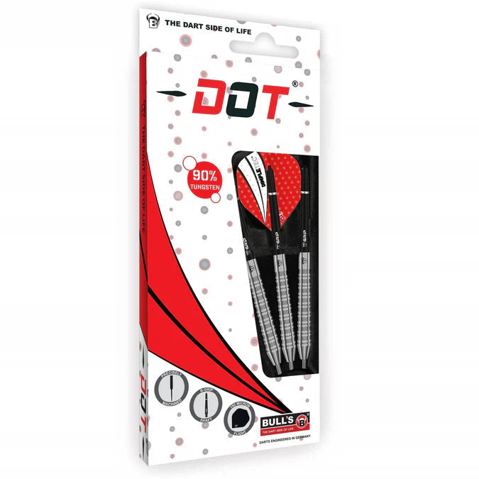 Three 90% tungsten darts in retail packaging, showing knurled grip barrels and red flights, ideal for tournament dart players