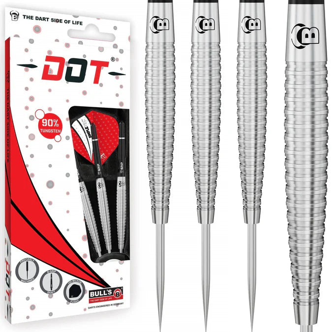 90 percent tungsten darts with precision ringed grip barrels shown next to retail packaging and set of four arranged upright