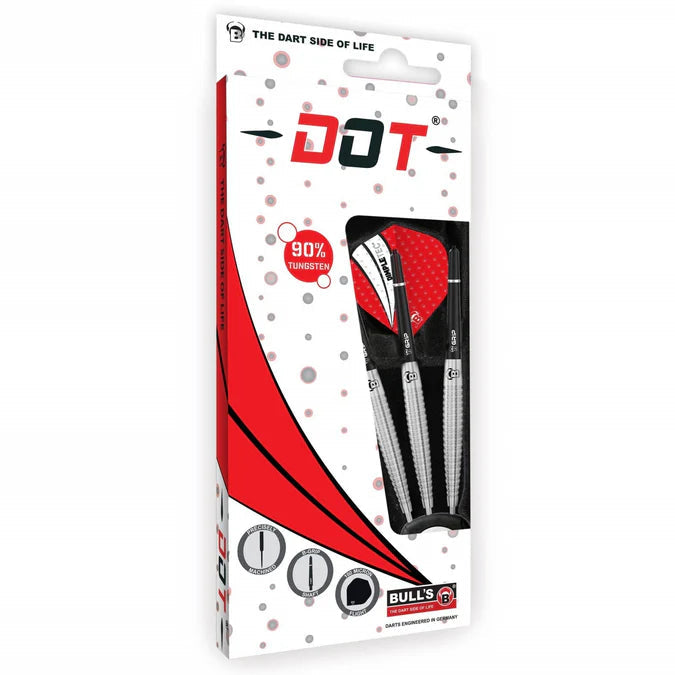 Three 90 percent tungsten darts in retail packaging with visible grip details and red-black flights, angled full box view