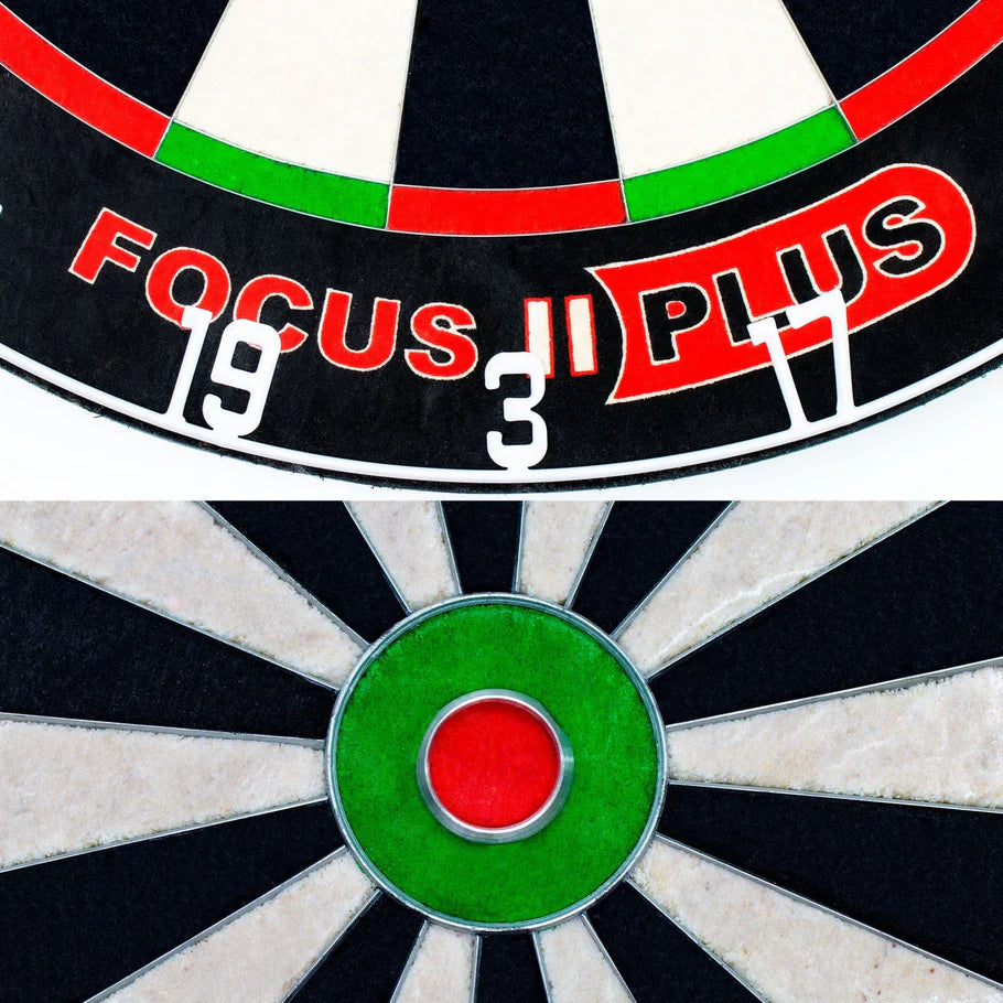Close-up of professional dartboard with ultra thin wiring, detailed number ring, Focus II Plus logo, and bullseye macro view