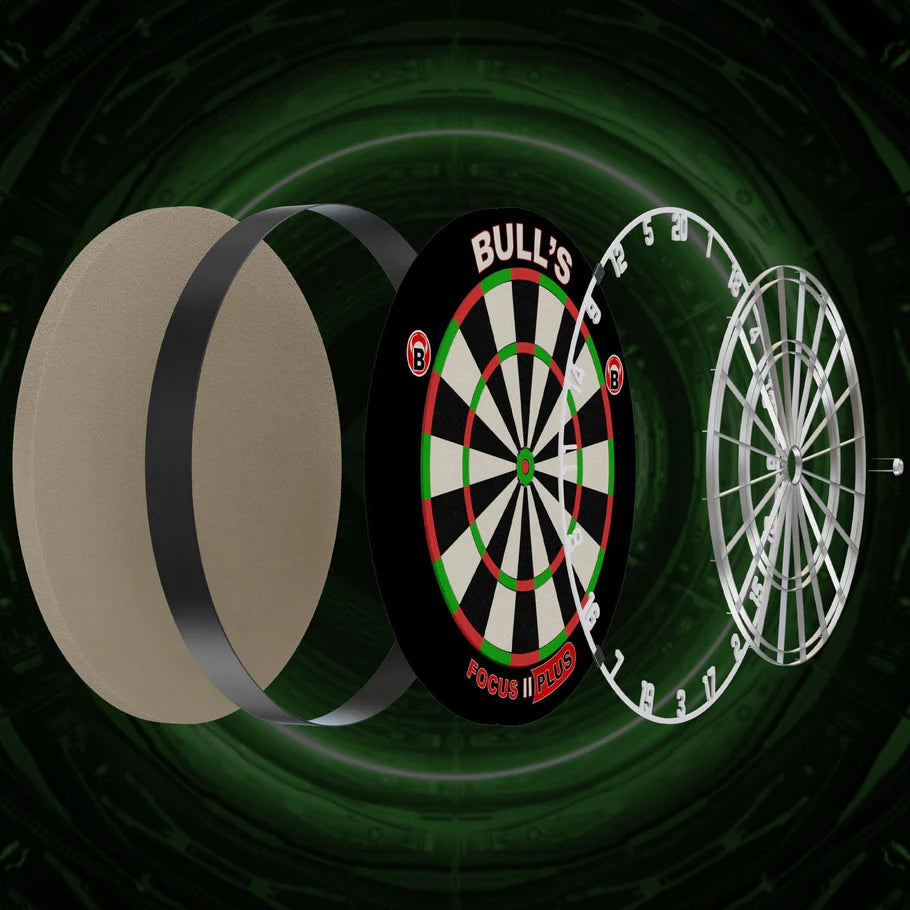 Exploded angled view of professional dartboard showing ultra thin wiring, sisal layers, and mounting system for advanced dart play