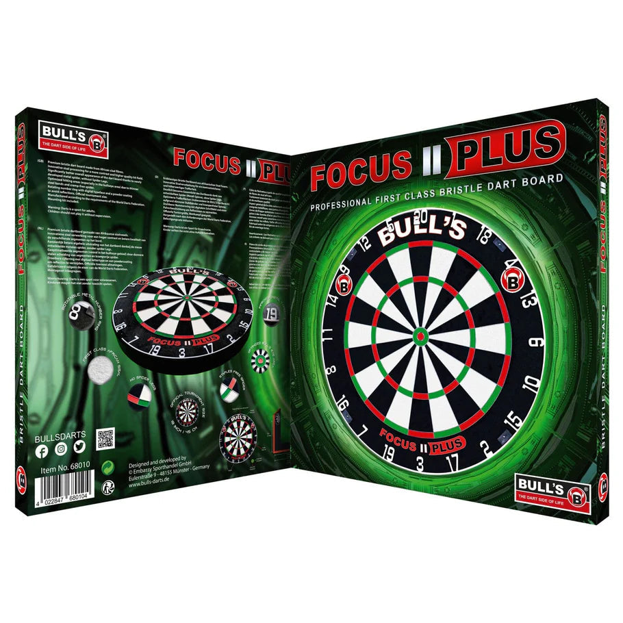 Professional bristle dartboard in open retail packaging with ultra-thin wiring, close-up feature diagrams, angled display