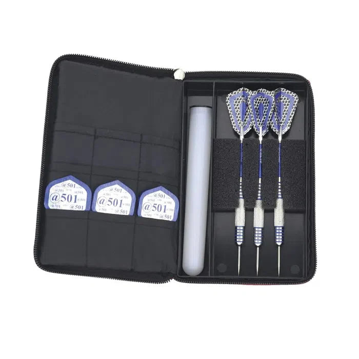 Top-down view of opened darts case with three steel tip darts, extra flights, and accessory tube, organized in foam and pockets.