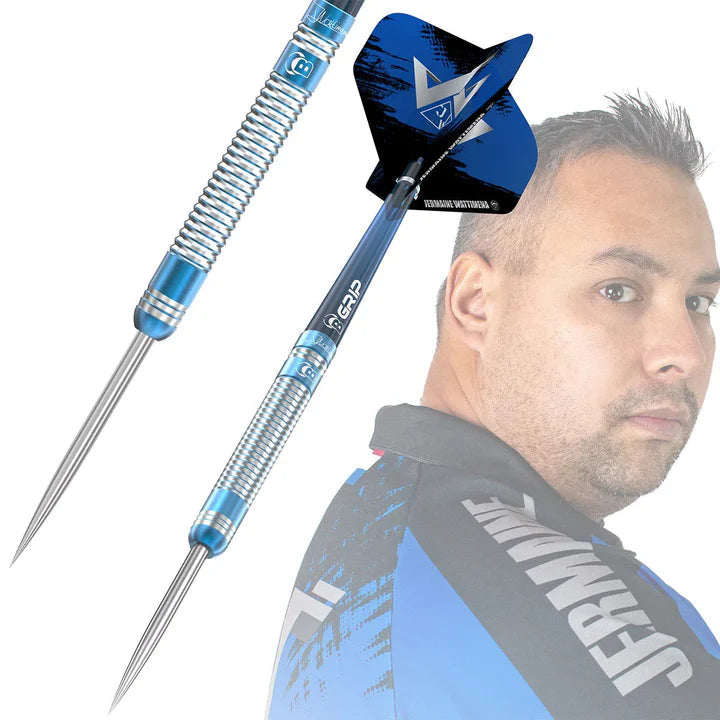 Angled close-up of 90% tungsten darts with blue grooved grip and textured flights, player portrait in background