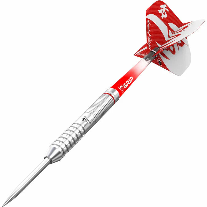 Angled view of 90% tungsten dart with ring grip barrel, red shaft, signature player flight, isolated on white background