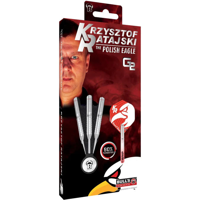 Angled view of Krzysztof Ratajski 90% tungsten darts in packaging, full set of three darts displayed with player-themed design