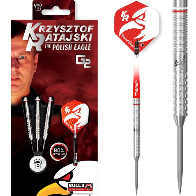Angled view of Krzysztof Ratajski 90% tungsten darts set in packaging plus close-up of dart showing precise ring grip and signature flight
