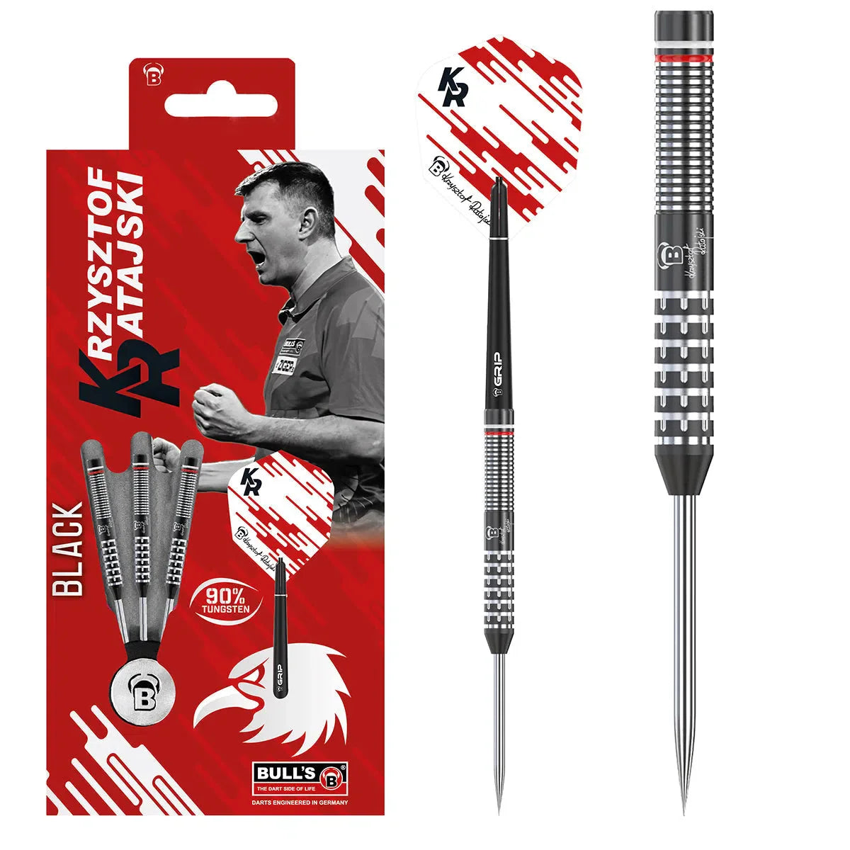 Krzysztof Ratajski G2 Black tungsten darts full view with precision grip, signature flights, and retail packaging