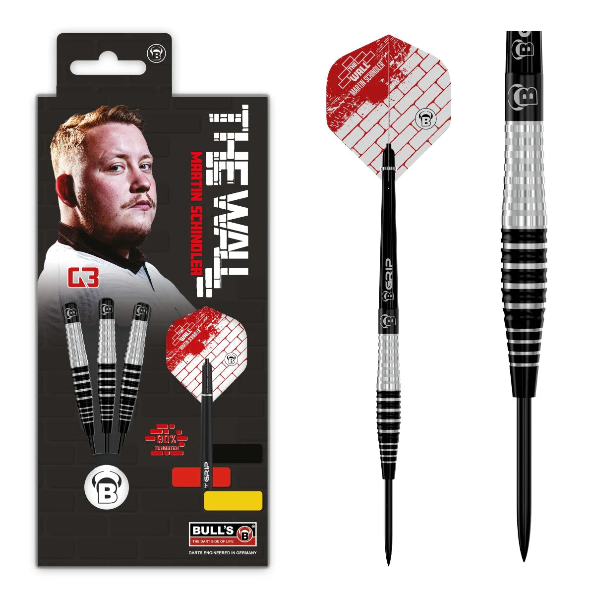 Martin Schindler G3 90% tungsten darts set in retail packaging with one dart and close-up of grip, black and silver barrel, red flights