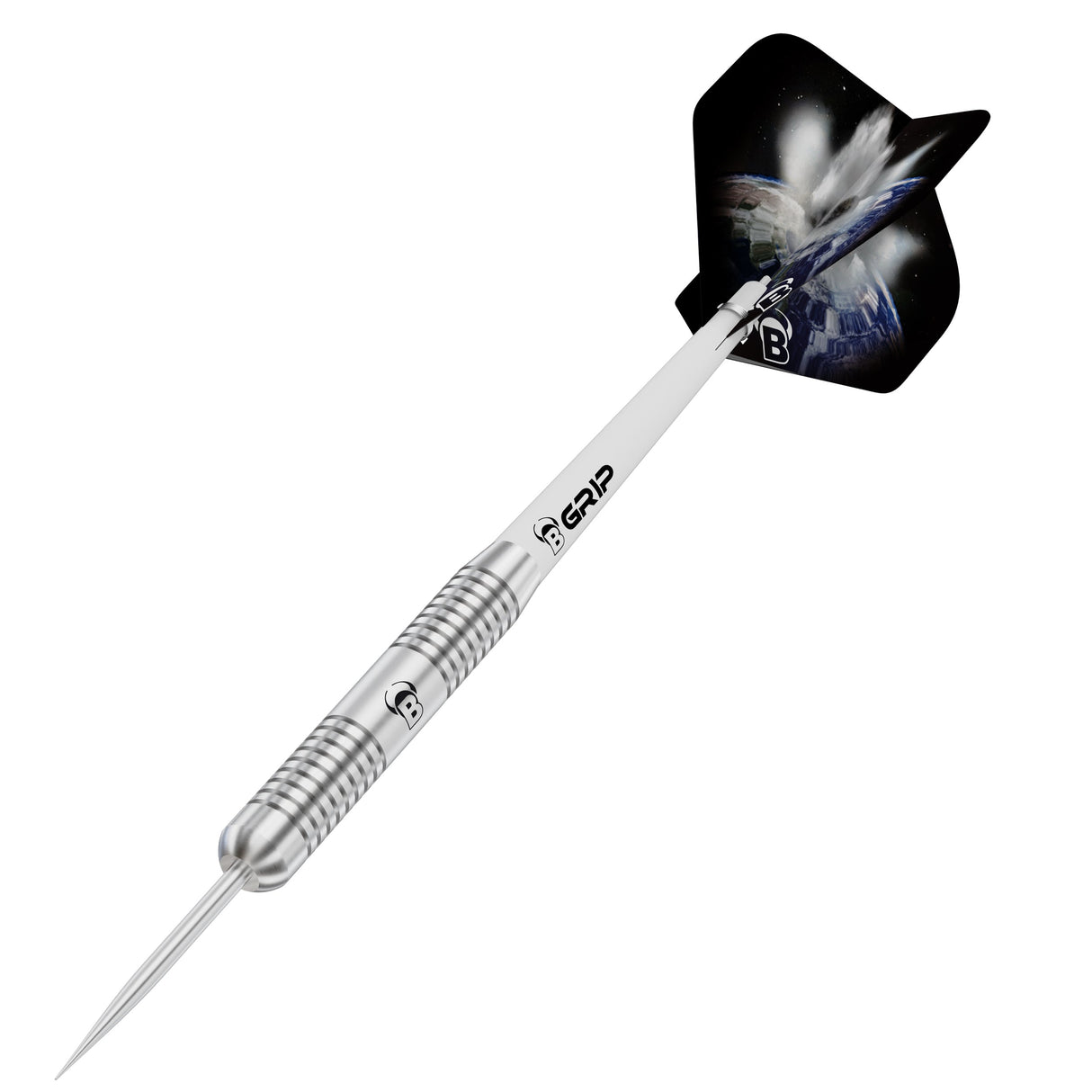 Angled view tungsten dart with ringed grip, B Grip shaft, and galaxy motif flight isolated on white background