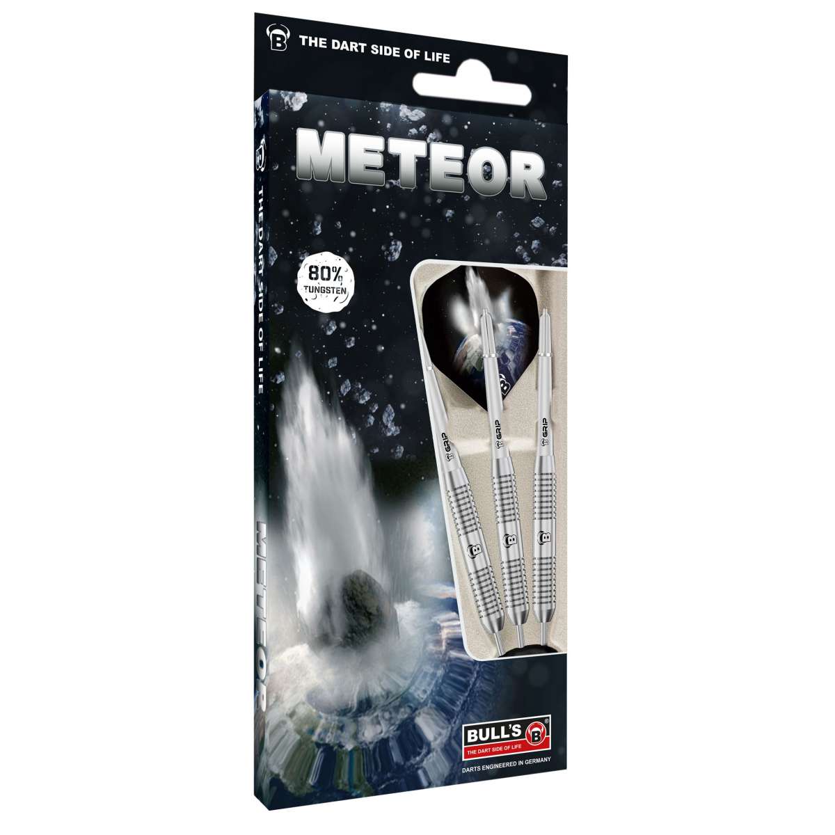 Tungsten darts in retail packaging, angled view showing set of three with detailed grip and flights, 80% tungsten composition