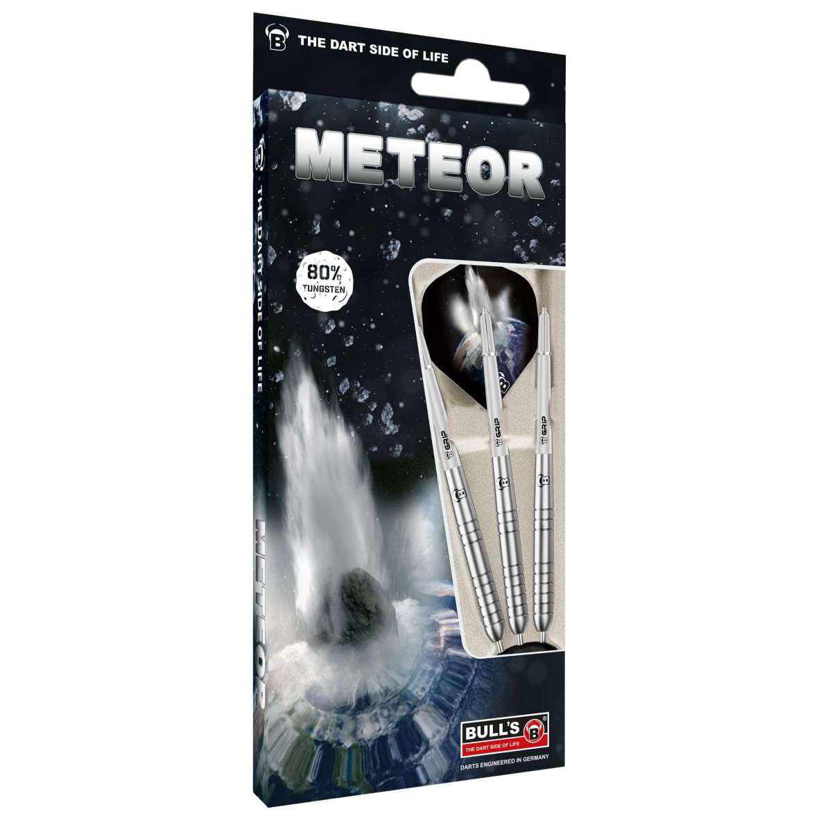 Three 80% tungsten darts displayed in packaging with full shafts and flights, retail box angled for dart equipment buyers