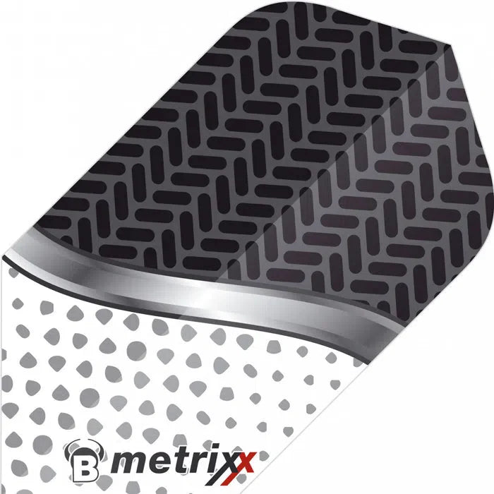 Close-up of slim white extra strong dart flight with black textured pattern and detailed surface design, isolated on white background