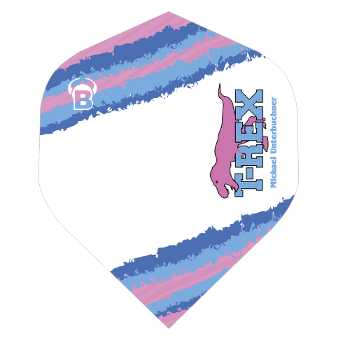 Metrixx T-Rex No.2 dart flight close-up, single flight on white, pink and blue graphic, durable 150 micron material