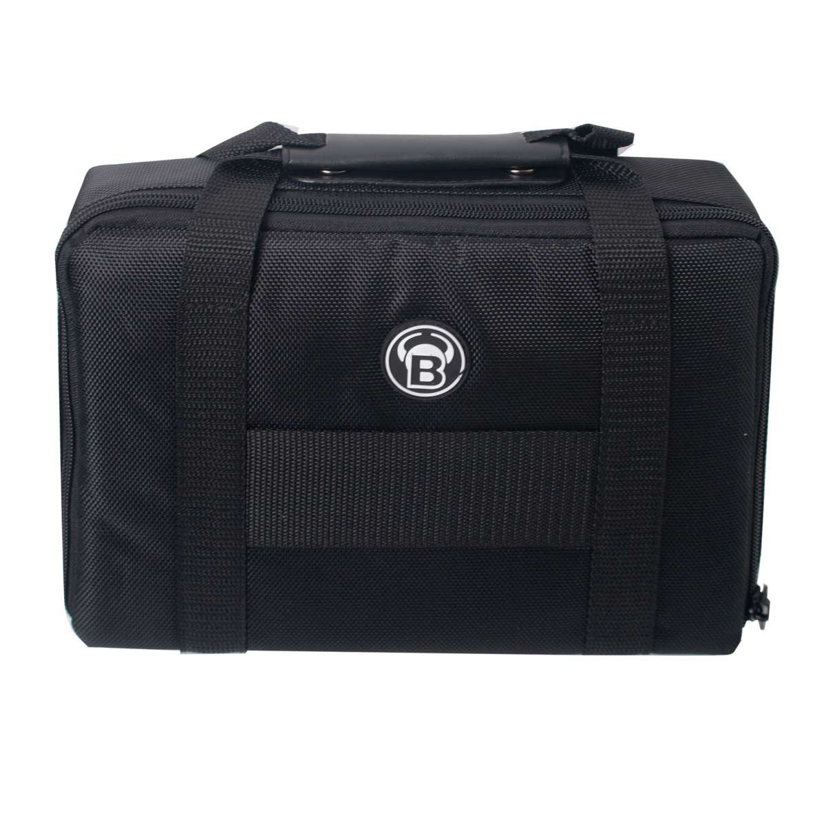 Full view of black darts case with textured fabric, sturdy handle, front logo, isolated on white background for dart storage