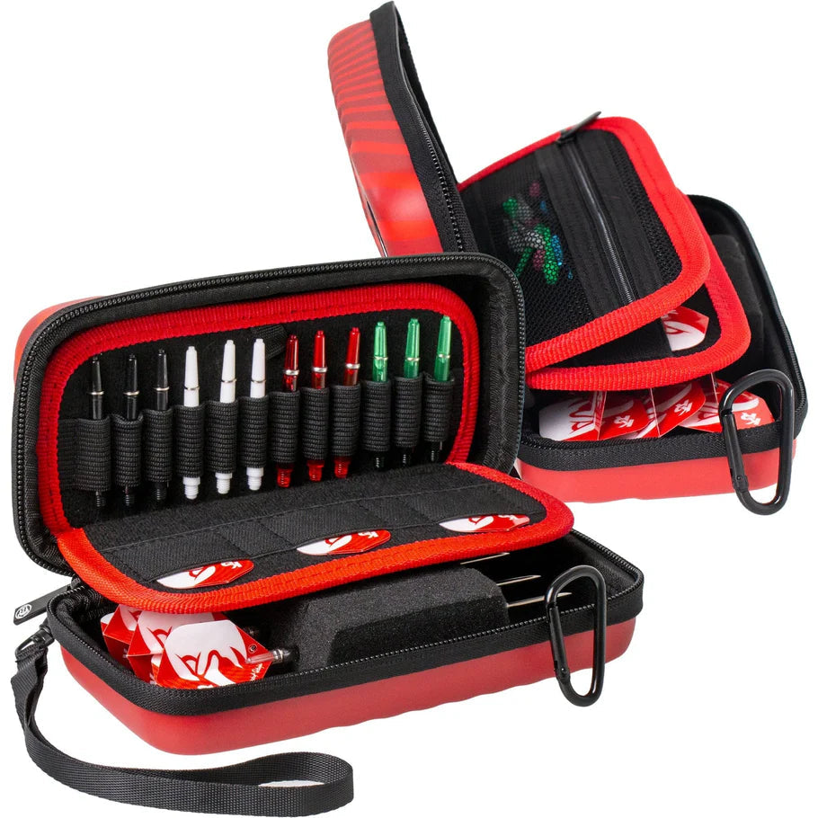 Angled view of open small darts case displaying organized dart shafts, flights, and accessory storage for dart equipment