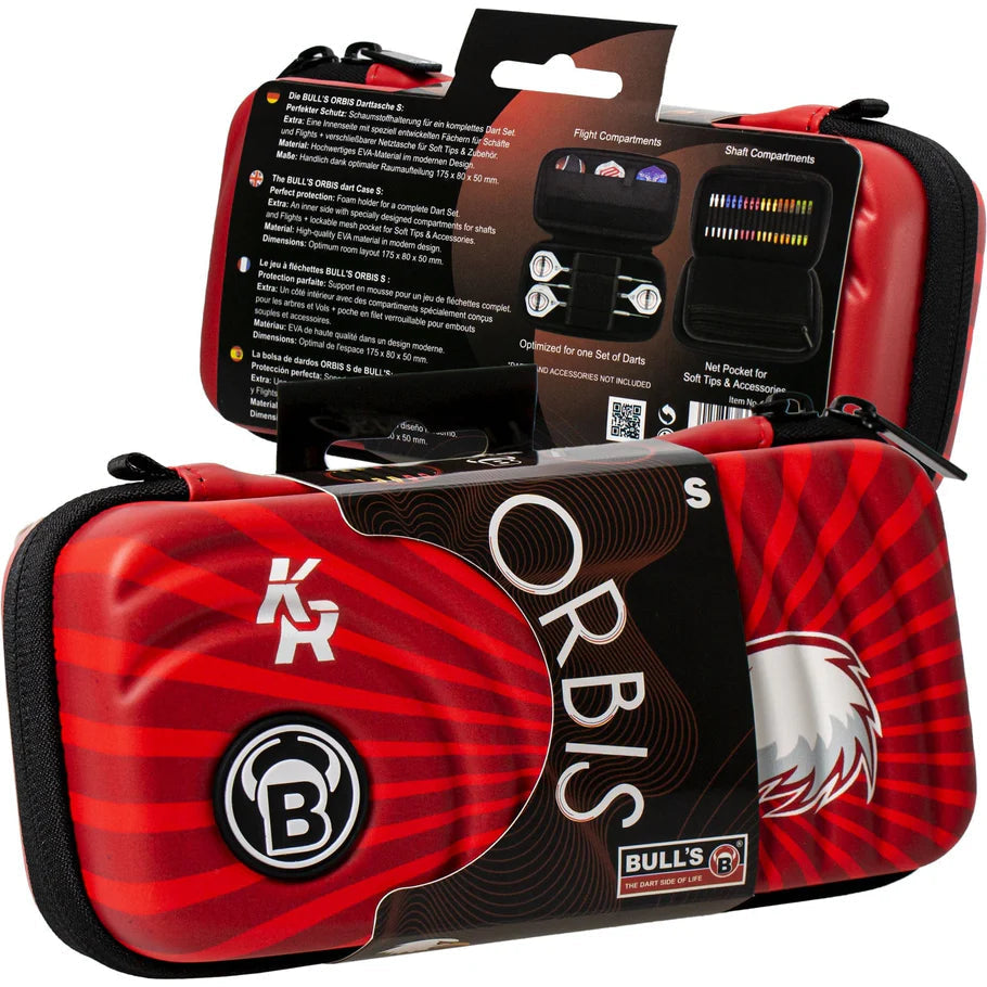 Angled view of Orbis Krzysztof Ratajski Polish Eagle small darts case in retail packaging highlighting compact size and bold red design
