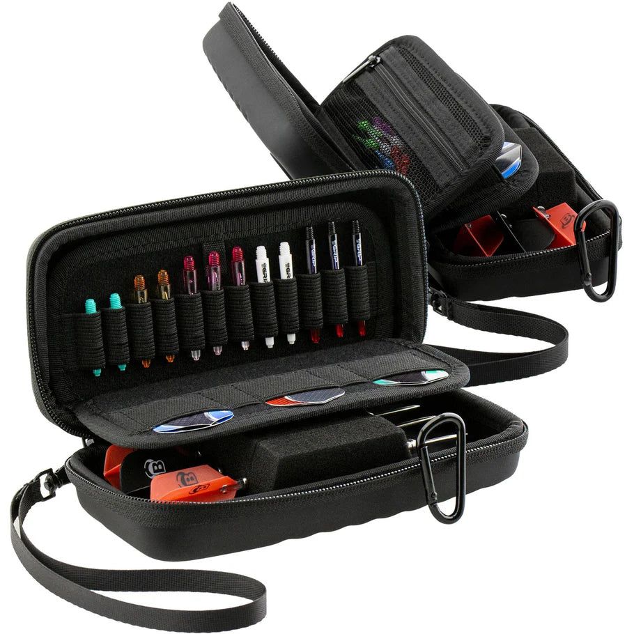 Angled view of open black darts cases displaying elastic slots, shafts, flights, and zippered mesh pocket for dart accessories