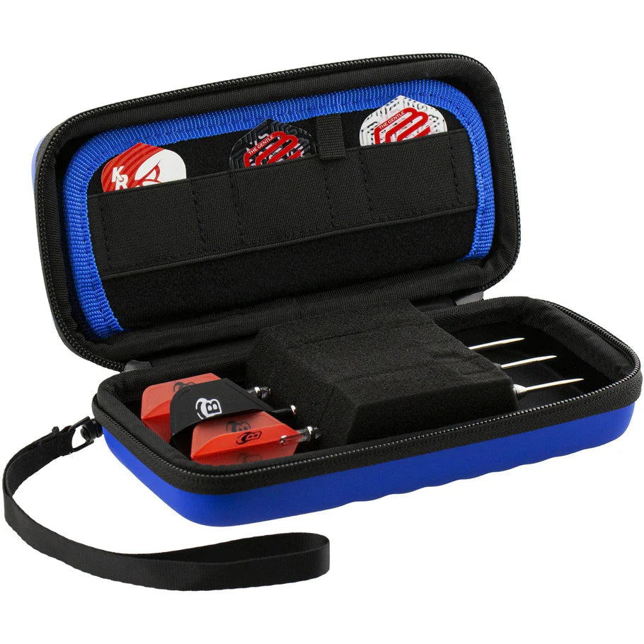 Open blue dart case displaying three assembled darts in foam slots and spare flights in elastic pockets