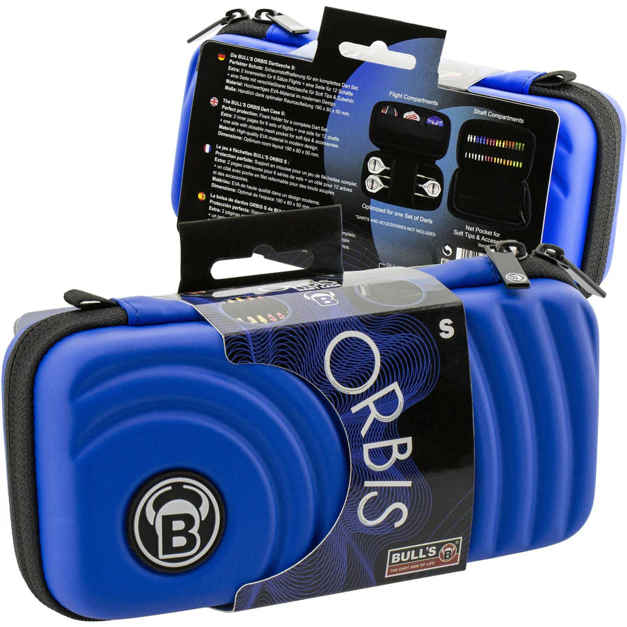 Angled view of Orbis Small blue darts cases in packaging with product info card, ideal for dart storage and accessories.