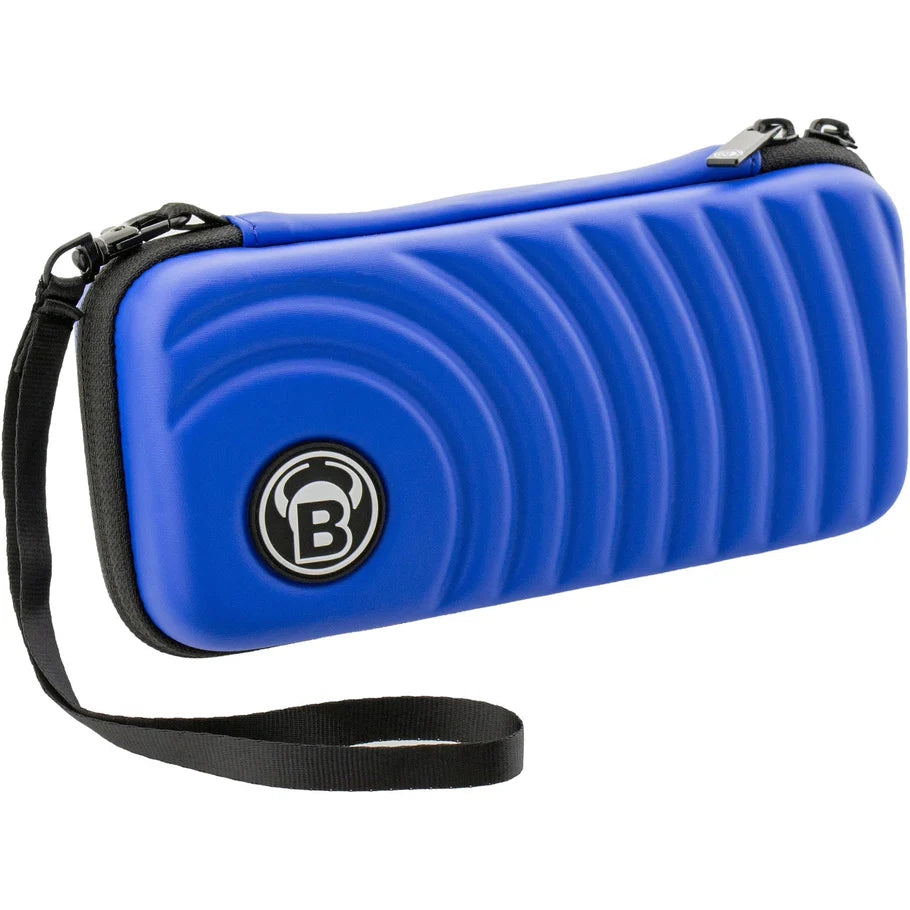 Angled view of blue darts case with molded ridges, zipper closure, and black wrist strap on white background