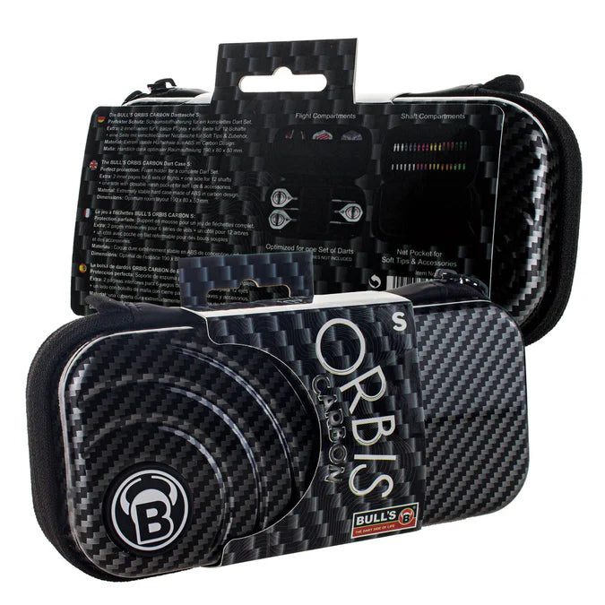 Angled view of small carbon grey darts case in retail packaging, showing carbon fiber texture and storage compartments for dart accessories