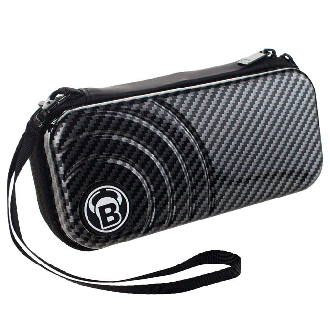 Angled view of carbon grey darts case with textured finish and wrist strap, isolated on white background.