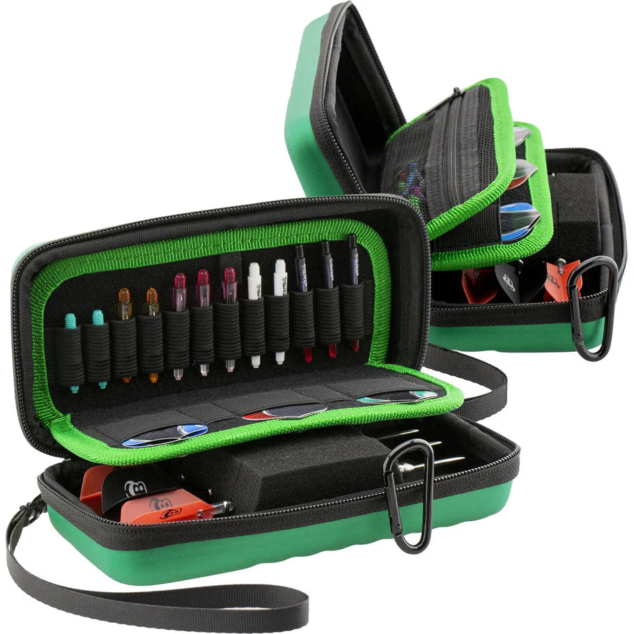 Open green darts cases angled to display storage for shafts, flights, and dart accessories, with foam compartments and elastic holders.