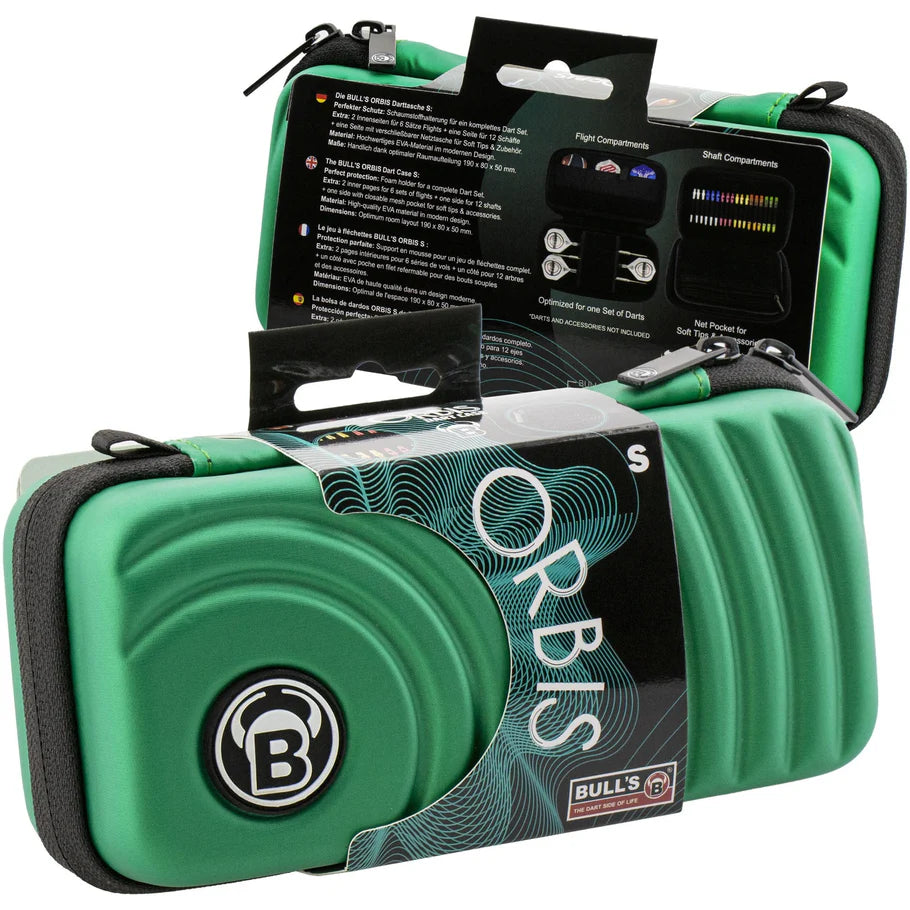Angled view of two green Orbis small darts cases in retail packaging with hard shell detailing, ideal for dart storage and protection.