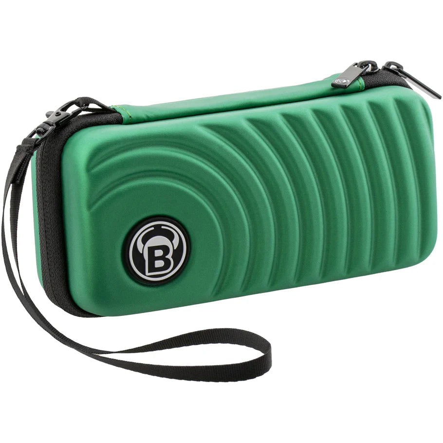Angled view of small green darts case with zip closure, wrist strap, and textured hard shell, isolated on white background