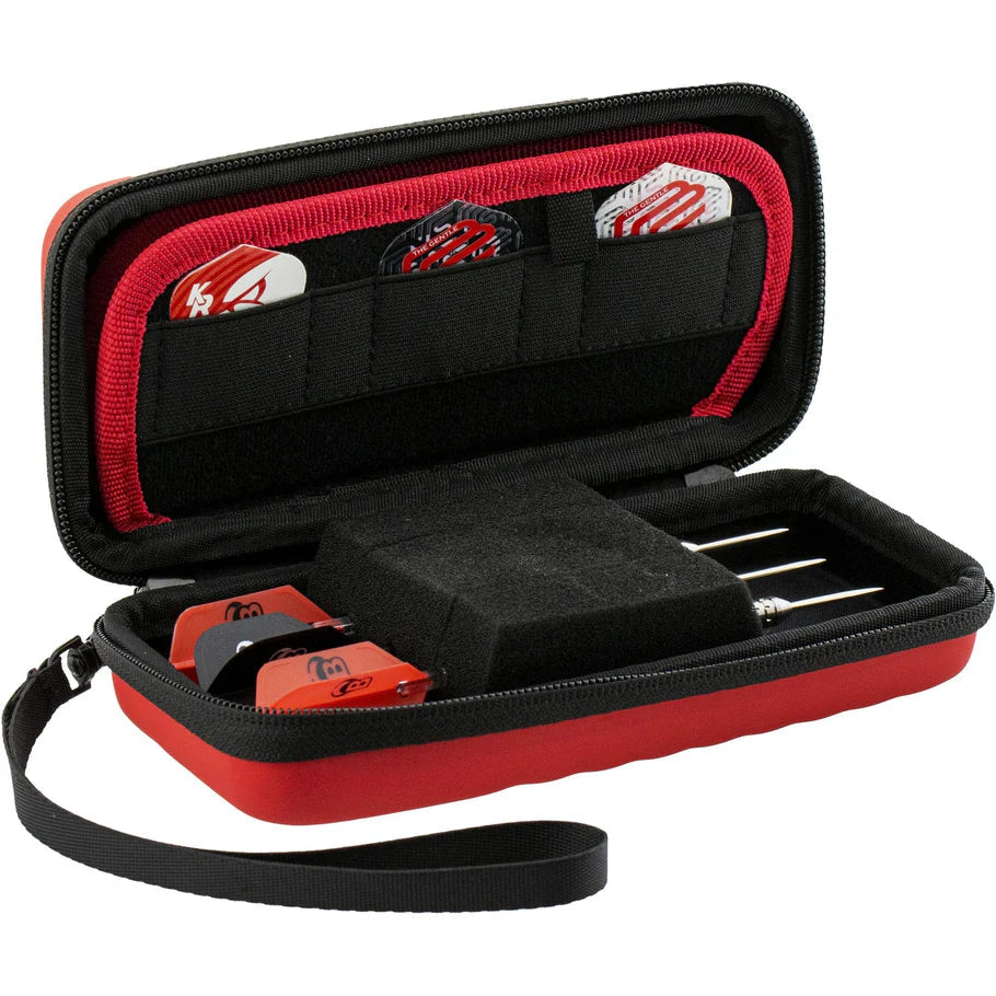 Open red darts case displaying organized dart storage, foam insert, and multiple flights for dart equipment protection