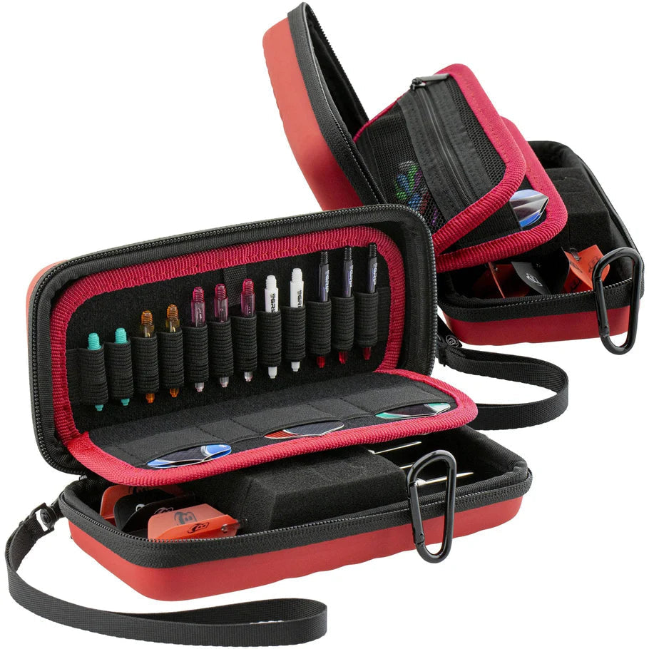Angled view of open red small darts cases displaying organized dart shafts, flights, and secure interior storage compartments
