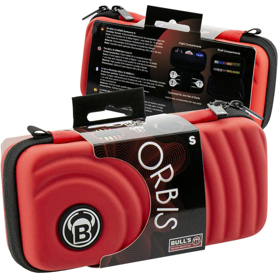 Angled view of two small red darts cases in retail packaging, showing textured hard shell design and compact dart storage features