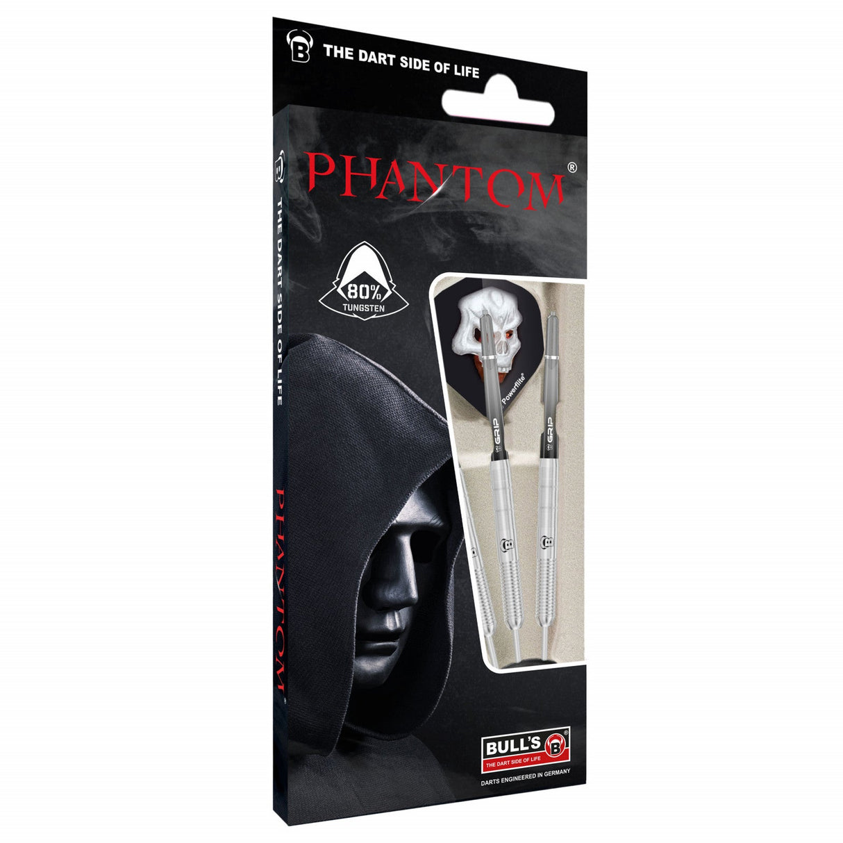 Angled packaging view of 80% tungsten darts set with two darts in blister, visible grip barrels and skull flights