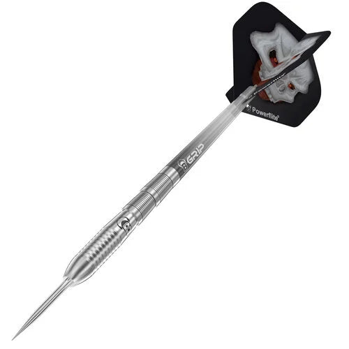 Angled close-up of 80% tungsten dart with knurled grip, steel tip, and skull motif flight, isolated on white background