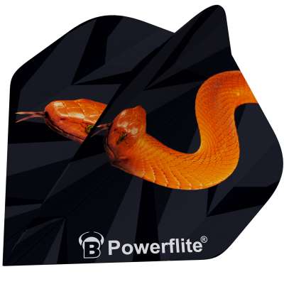 Dart flight full view with bold orange mamba snake design on black, Powerflite logo visible, textured pattern for dart stability