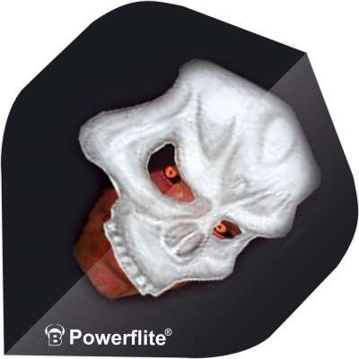 Close-up of Phantom No.2 dart flight with white skull graphic, black background, and Powerflite logo for dart accessories